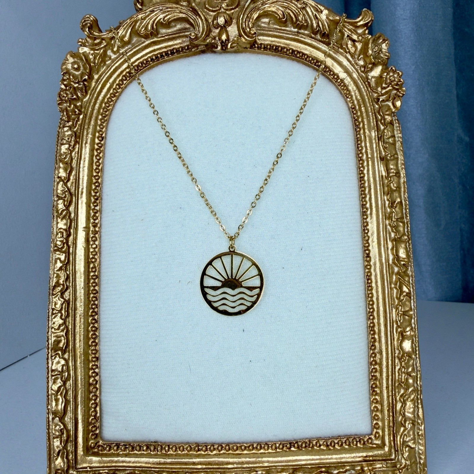 Gold Tone Sun and Wave Circle Pendant Necklace Minimalist Beach Jewelry 17 Inch