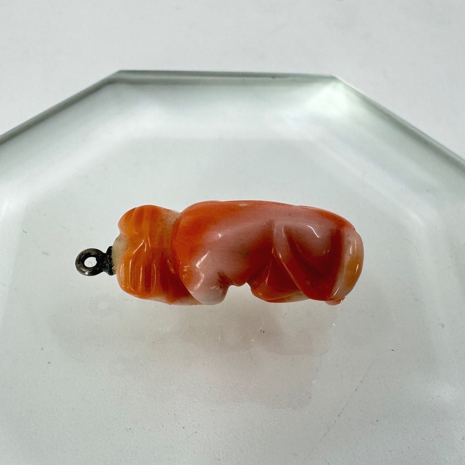 Antique Carved Coral Hear No Evil Monkey Charm Pendant Orange White 17mm