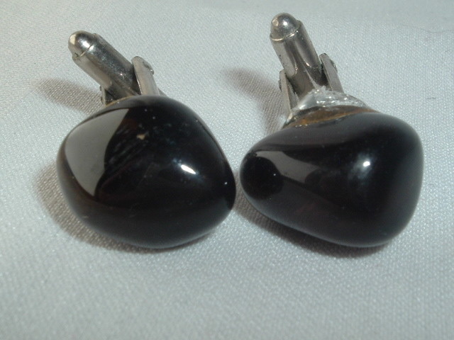 VINTAGE DARK CHARCOAL GRAY POLISHED AGATE CUFF LINKS
