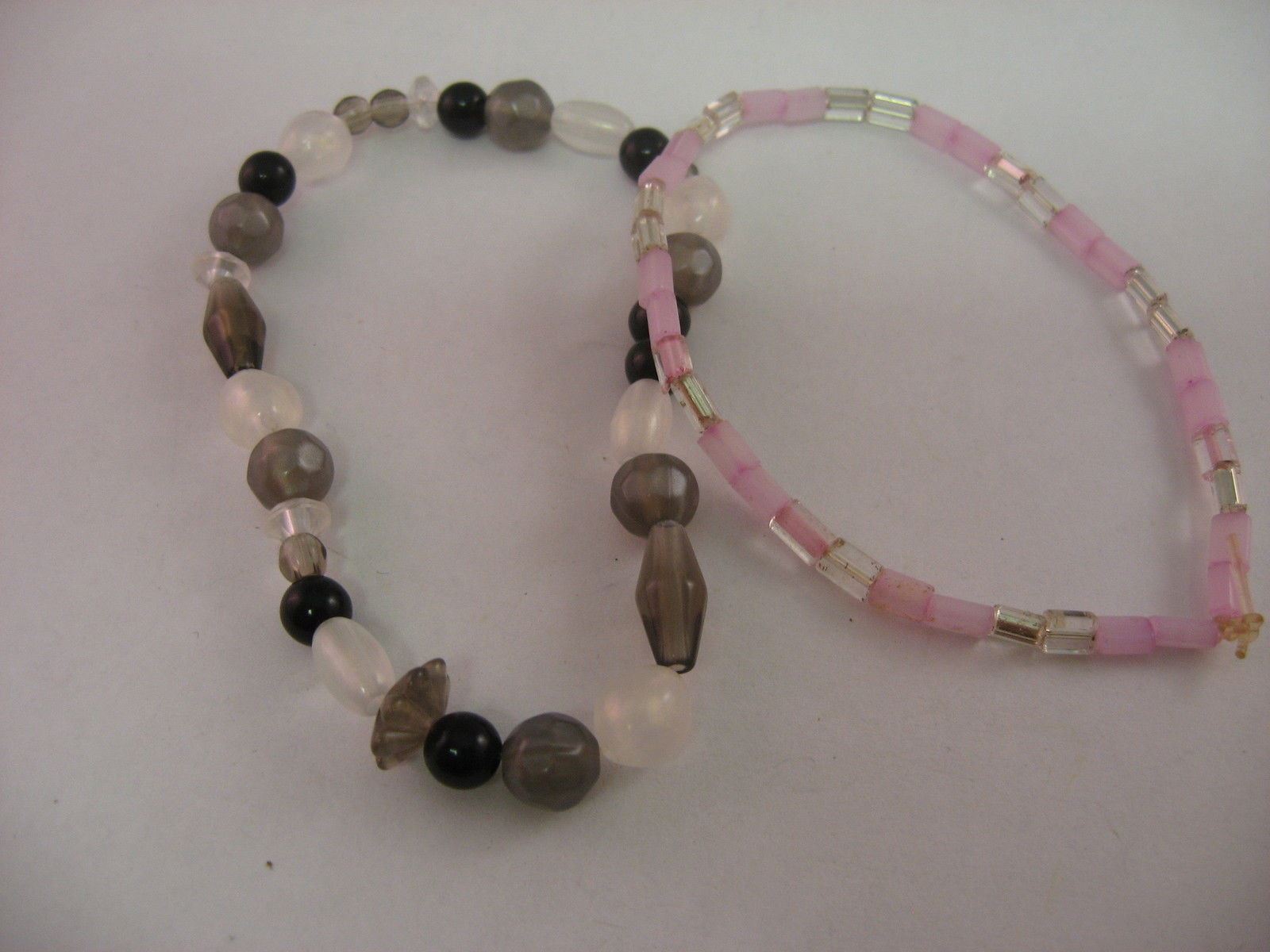 Lot of 2 Beaded Stretch Bracelets Pink Glass & Black Gray White Stone Boho Style