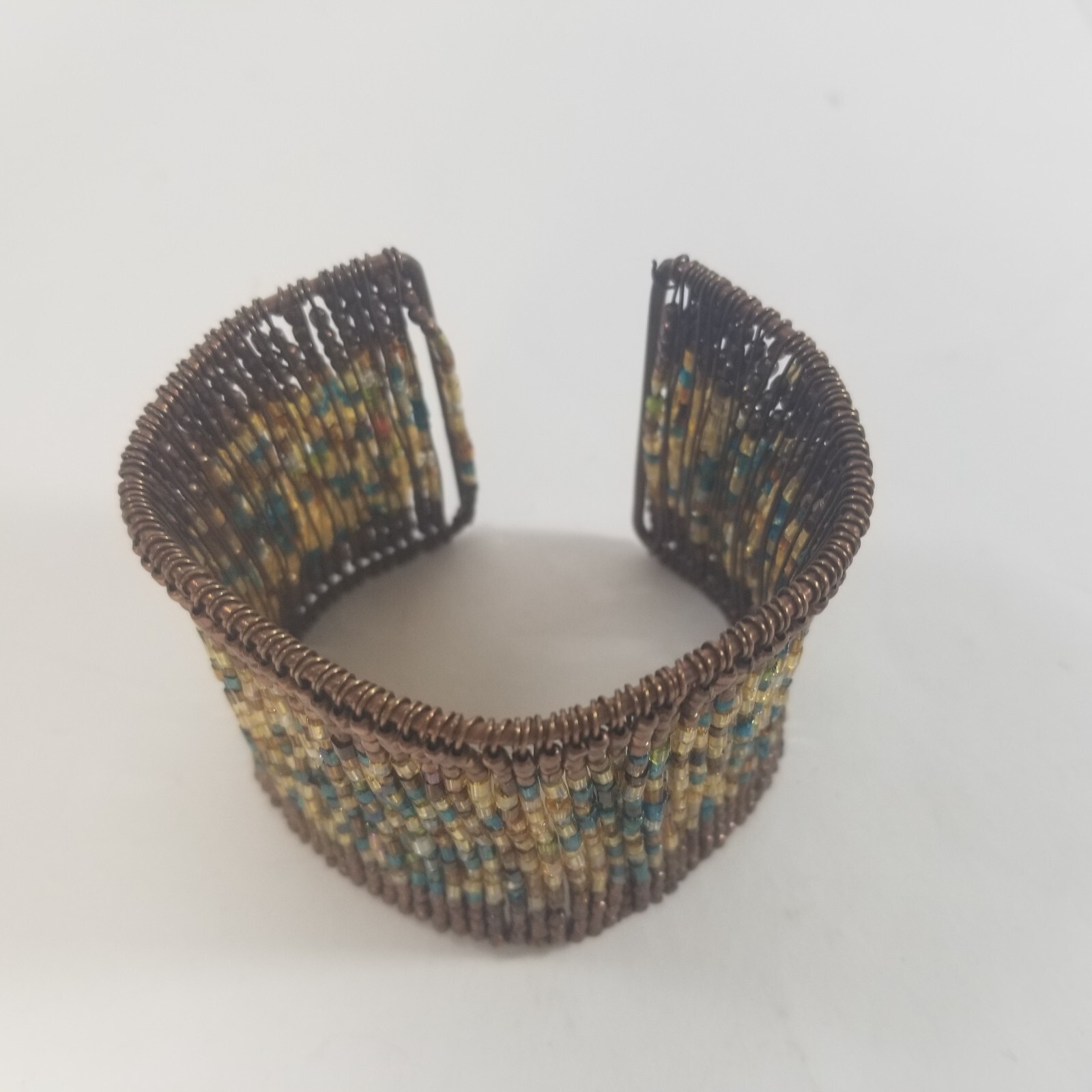 Beaded Wrap Cuff Bracelet Bronze Tone Seed Beads Flexible Fit Wide