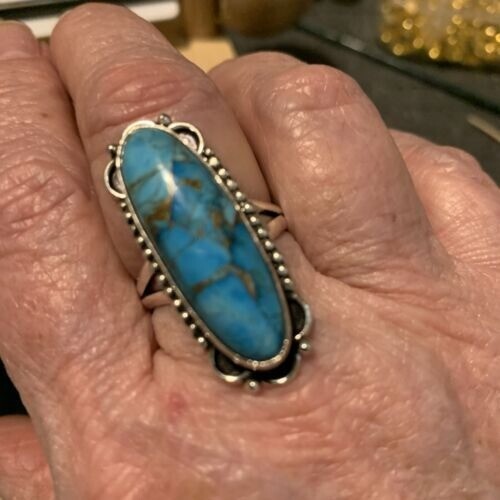 925 Sterling Silver Natural Blue Copper Turquoise Handmade Ring Women Jewelry