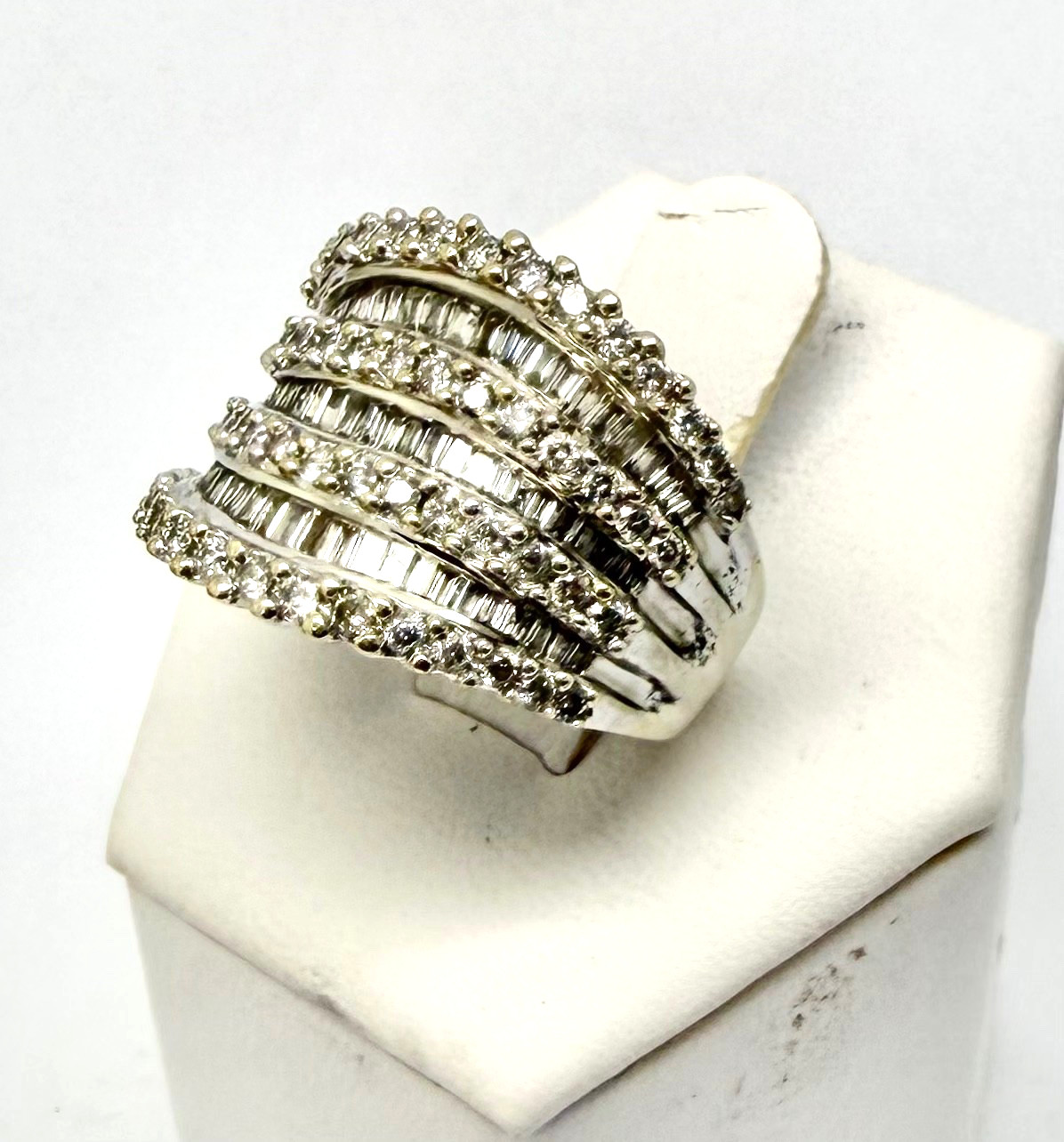 1.00 tcw Natural Diamond Wide Layered Wave Ring 14k White Gold w/Card Appraisal