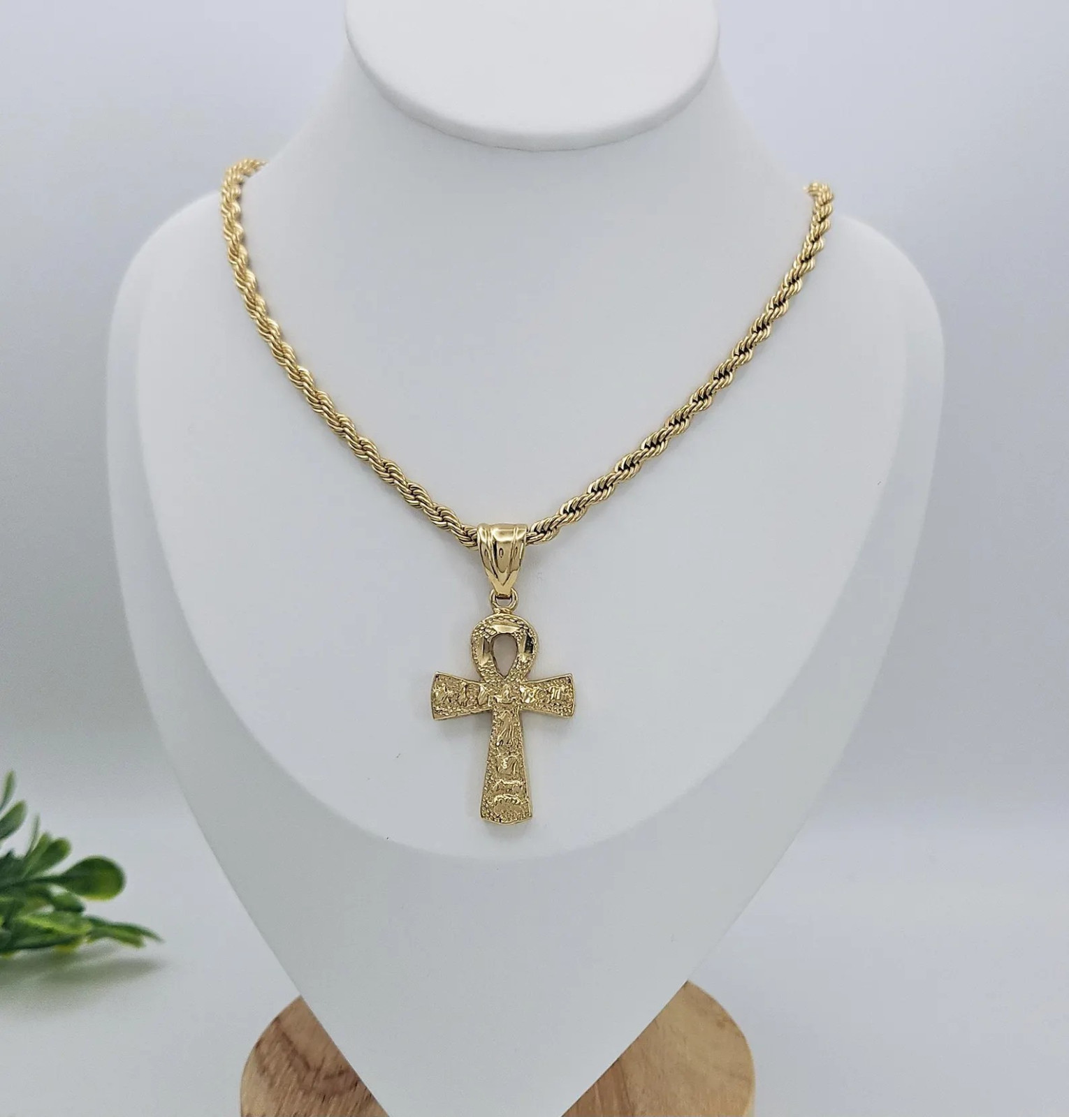 Gold Ankh Necklace for Men, Large Textured Ankh Cross Pendant, 4mm French Rope