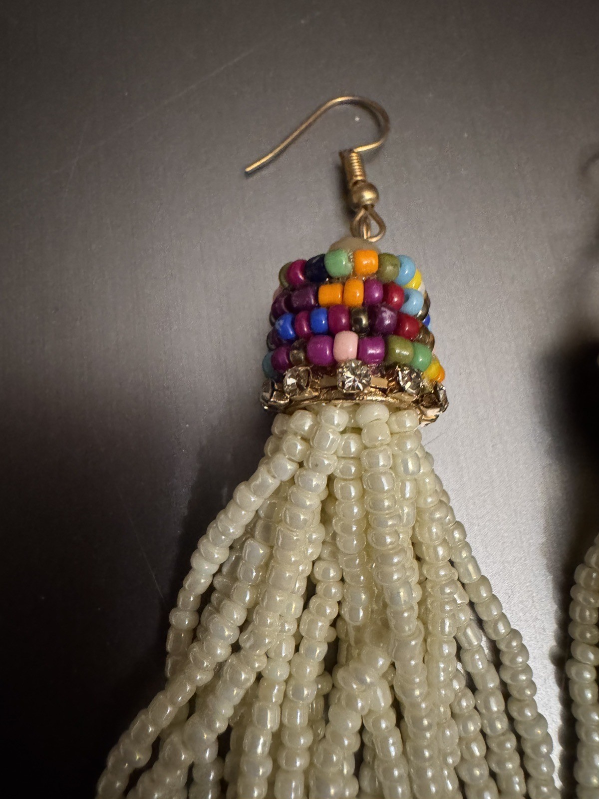 Multicolor & White Two Tone Color Block Seed Bead Tassel Dangle Earrings