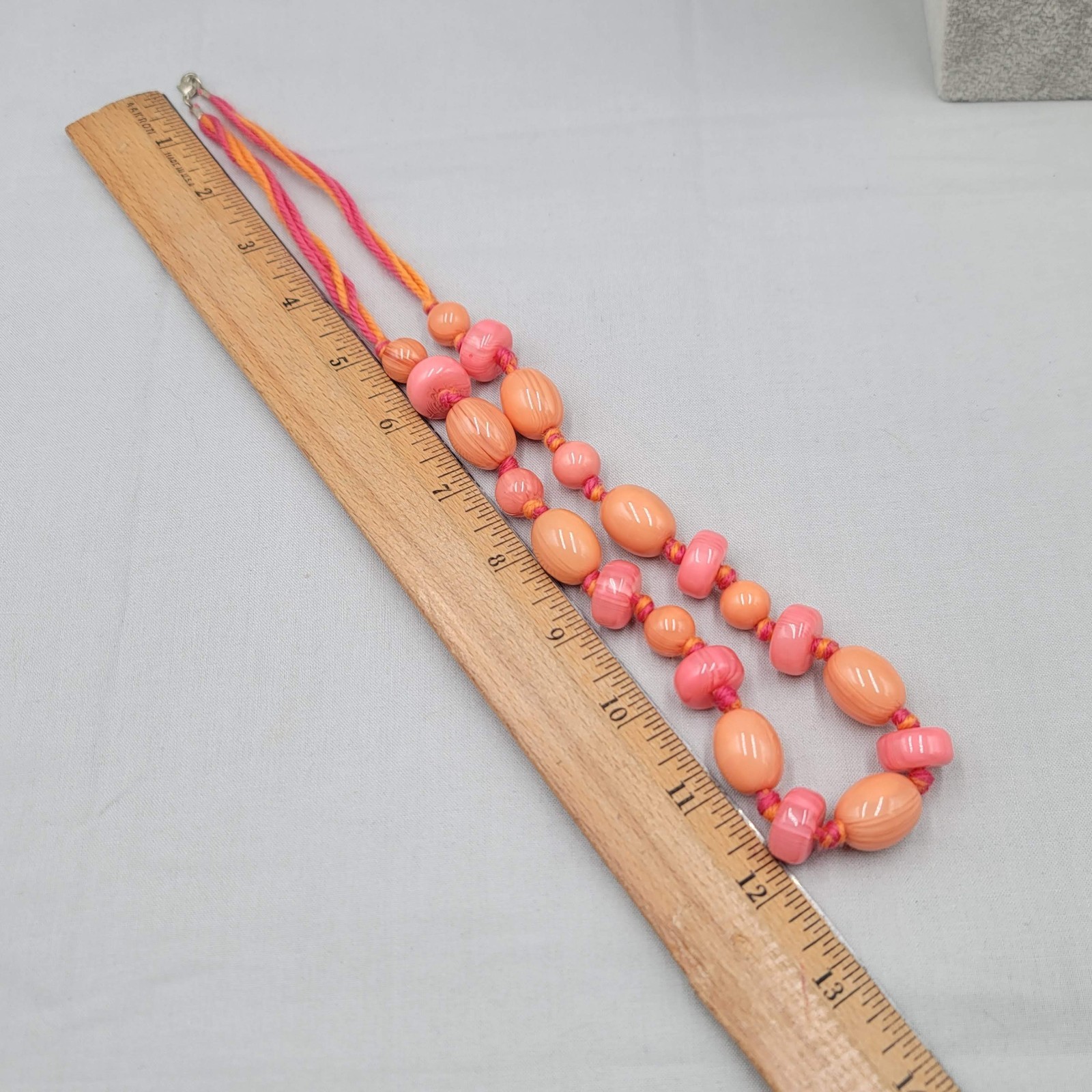 Artisan Peach Pink Cane Glass Bead Necklace Hand Knotted Yarn Cord 24 in