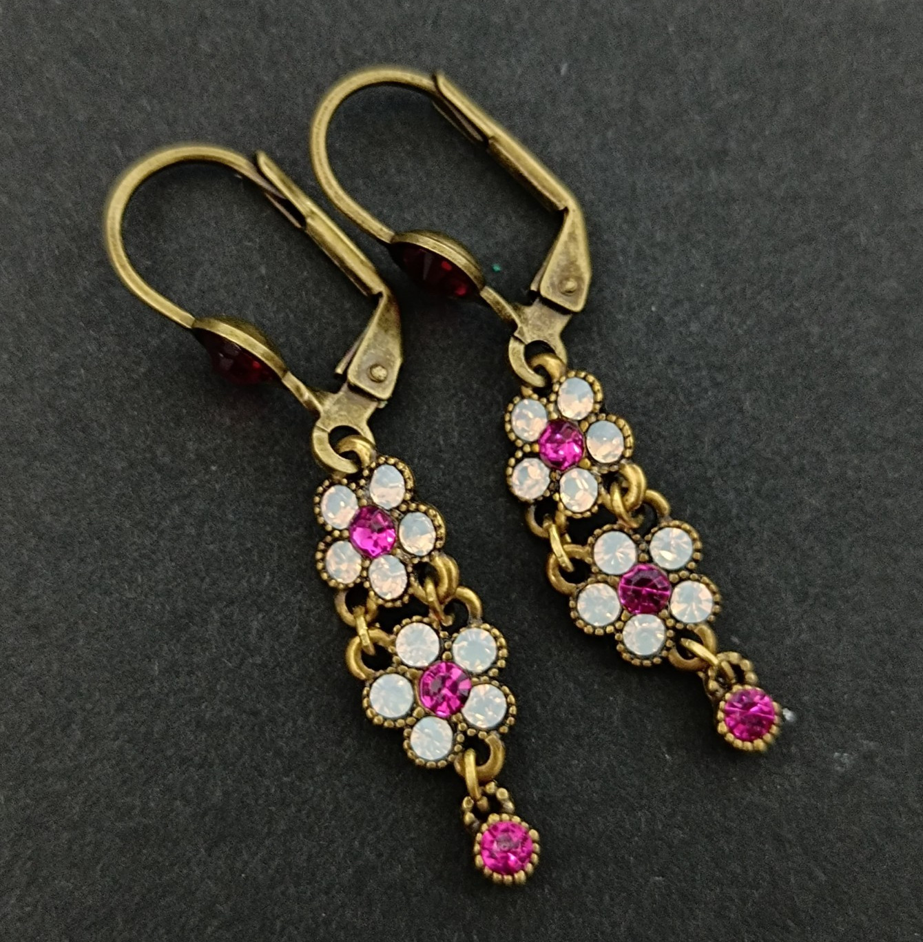 Michal Negrin Earrings Floral Dainty White Hot Pink Fuchsia Crystal Romantic VTG