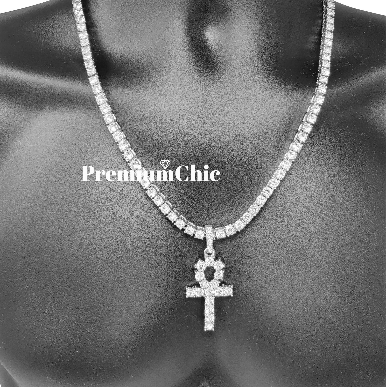 ANKH Cross Pendant ICED Tennis Chain Gold Plated Silver Rose Hip Hop CZ Necklace