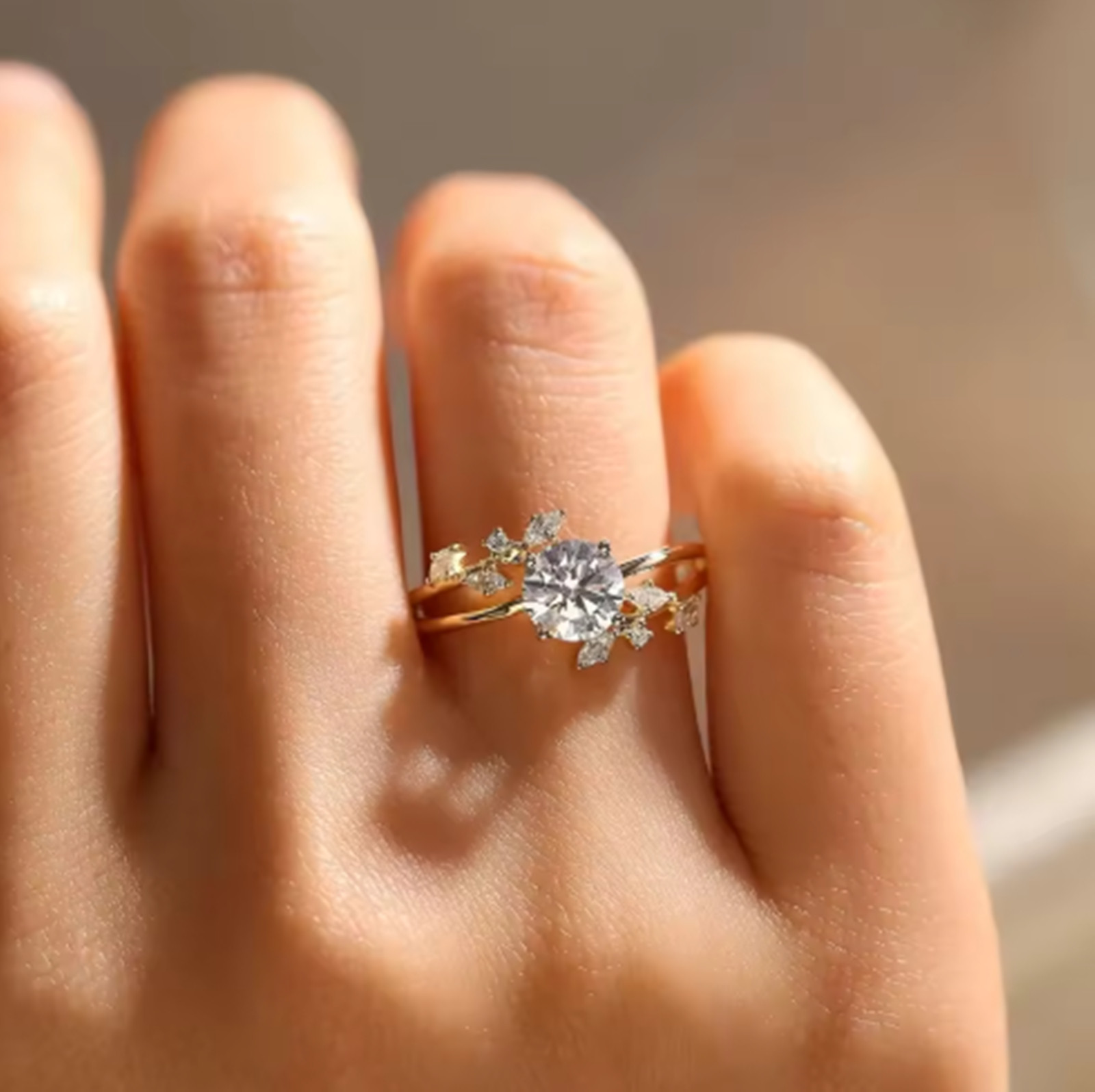 Dainty Sapphire Engagement Ring 14K Gold Plated Floral Leaf Ring Jewelry Gift