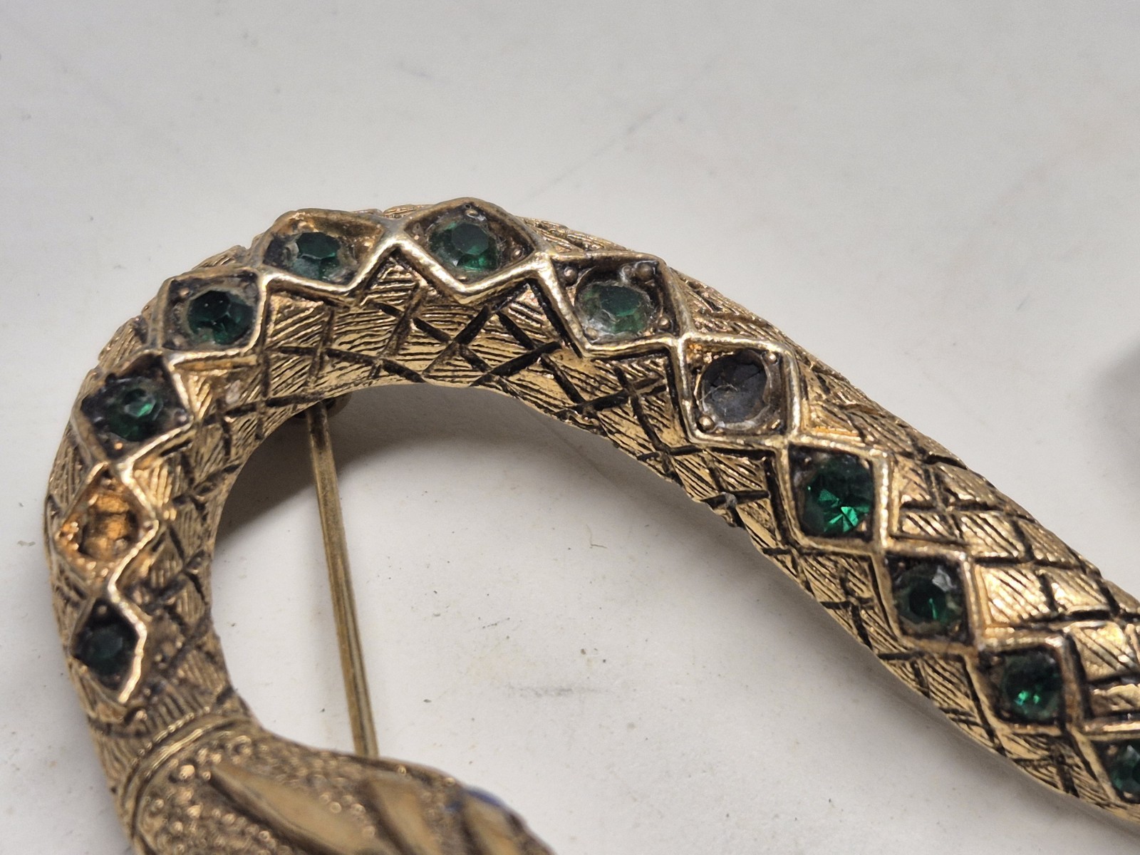 VTG Author Pepper Snake Brooch Pin Gold Whitewashed Snake Red Green Rhinestones