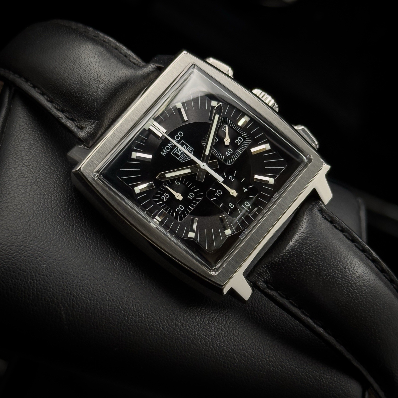 Tag Heuer MONACO Black Dial Chronograph CW2111 Stainless Steel Leather Strap