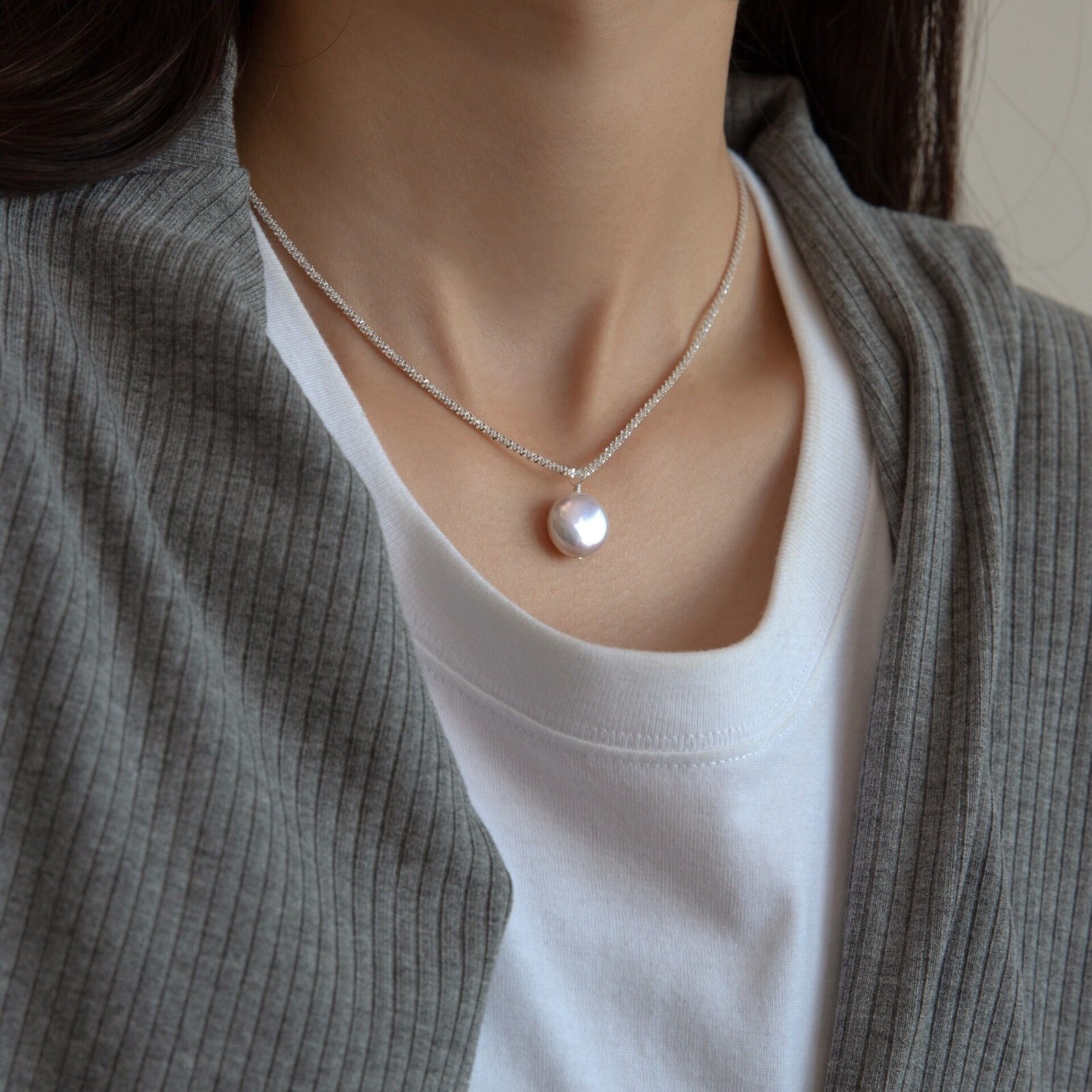 Woman Real S925 Sterling Silver Natural Baroque Pearl Starry Necklace Chain