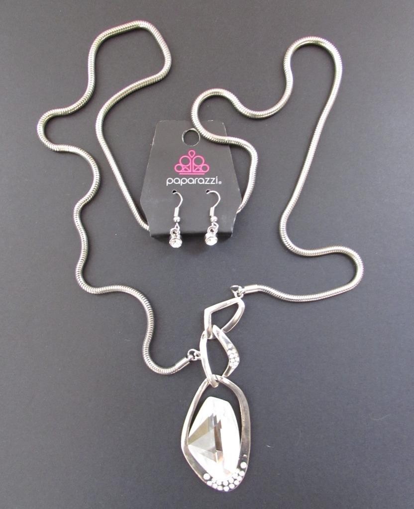 Paparazzi Silver Tone Optical Opulence White Necklace and Earrings Set