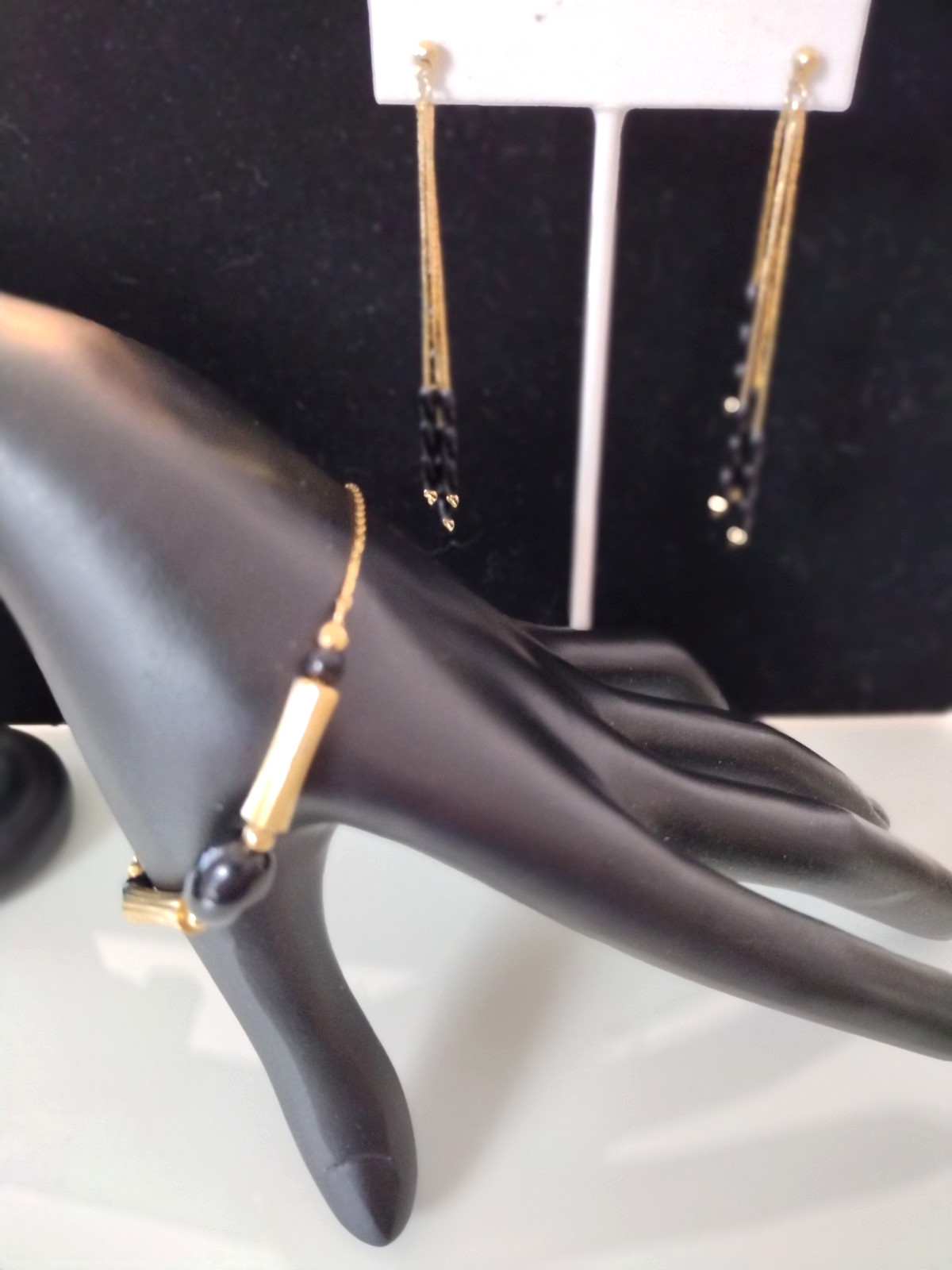 VTG Disco Era Napier Signed Bracelet & Gold Tassel Black Bead Dangle Earrings