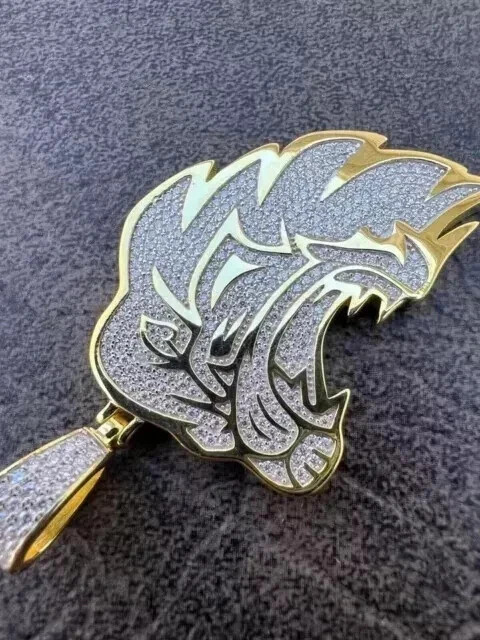 Custom Lion Shape Pendant Round Cut Simulated Diamond 14K Yellow Gold Finish