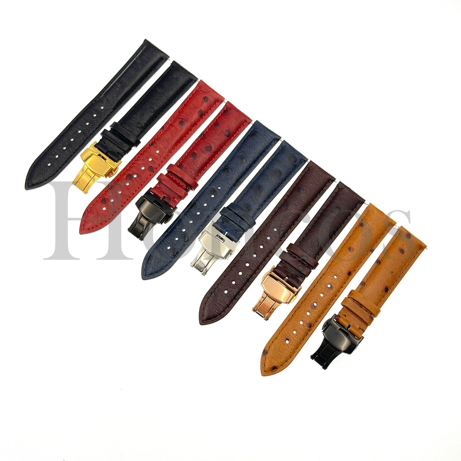18-22MM Ostrich Leather Watch Band Strap with Quick Release Pins Butterfly Clasp