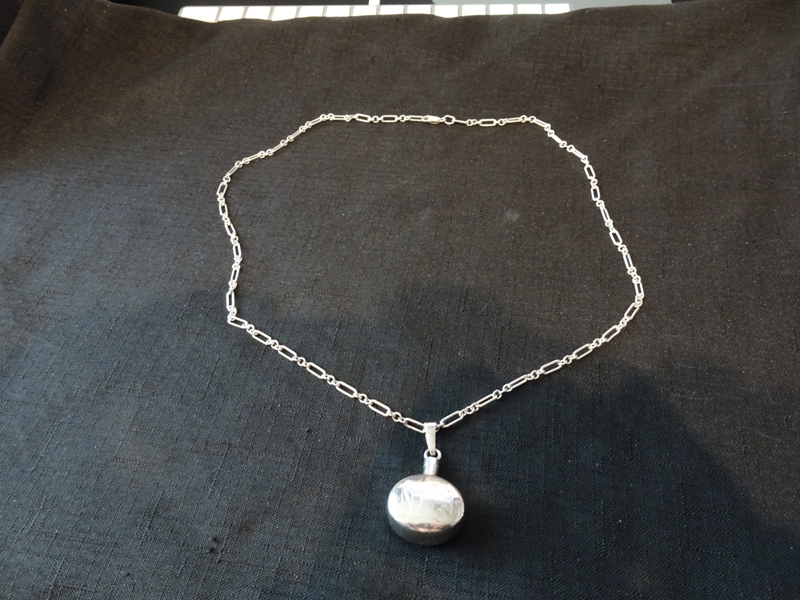 #600–VINTAGE MEXICO STERLING SILVER PERFUME PENDANT WITH INITIALS AND CHAIN-925