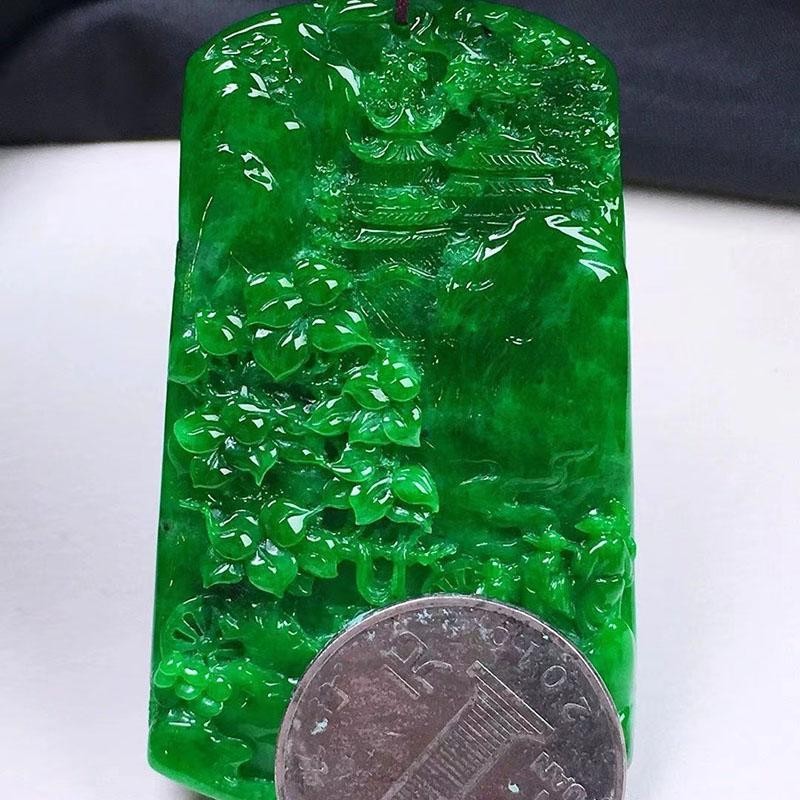 Full Green Waxy Ice Jadeite Landscape Pendant Moist Polished Unisex Jewelry Gift