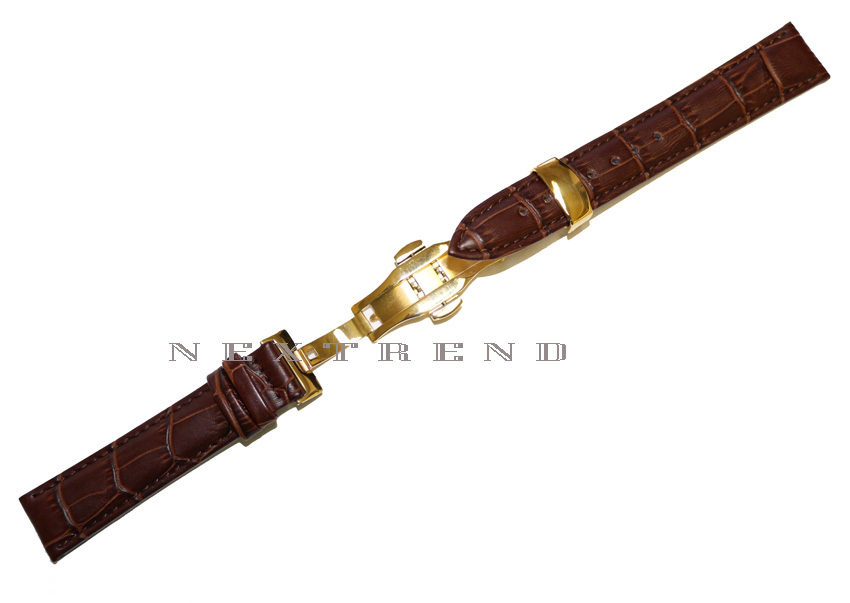 Brown Genuine Leather Watch Band+Push Button Butterfly Deployant Clasp Buckle