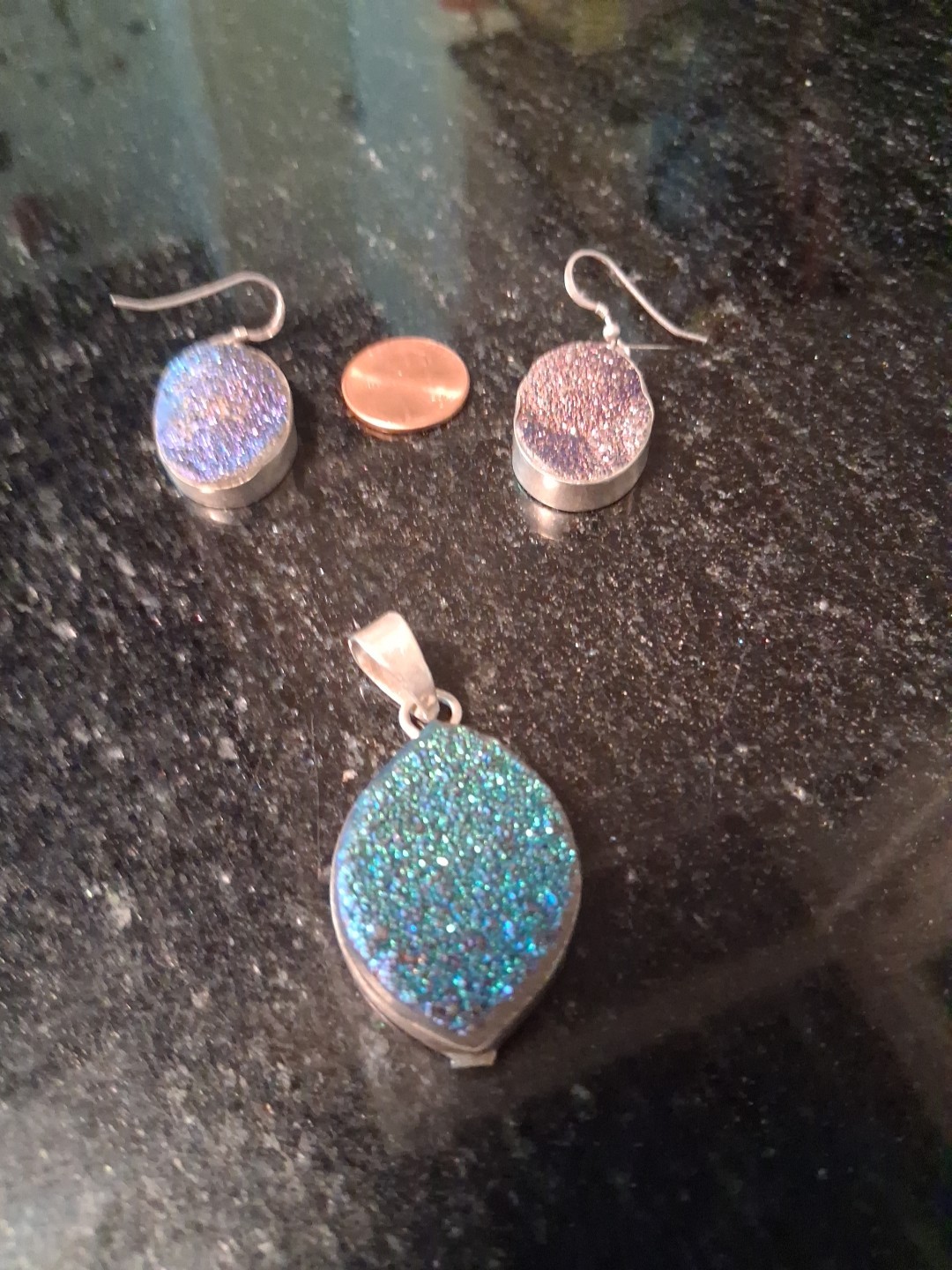 ​Iridescent Blue Aura Druzy 925 Sterling Silver Set 28.5g Pendant/Earrings