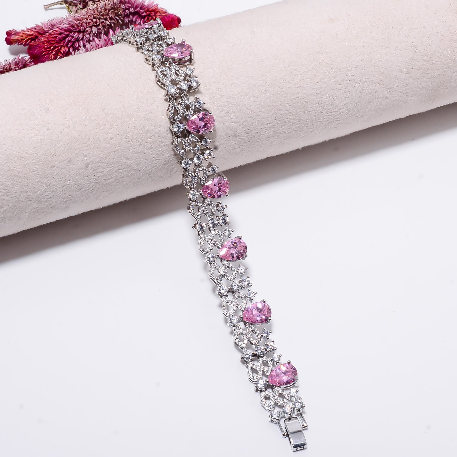 Pink Sapphire -Simulated, CZ 925 Sterling Silver Adjustable Bracelet 7-8″ B9918