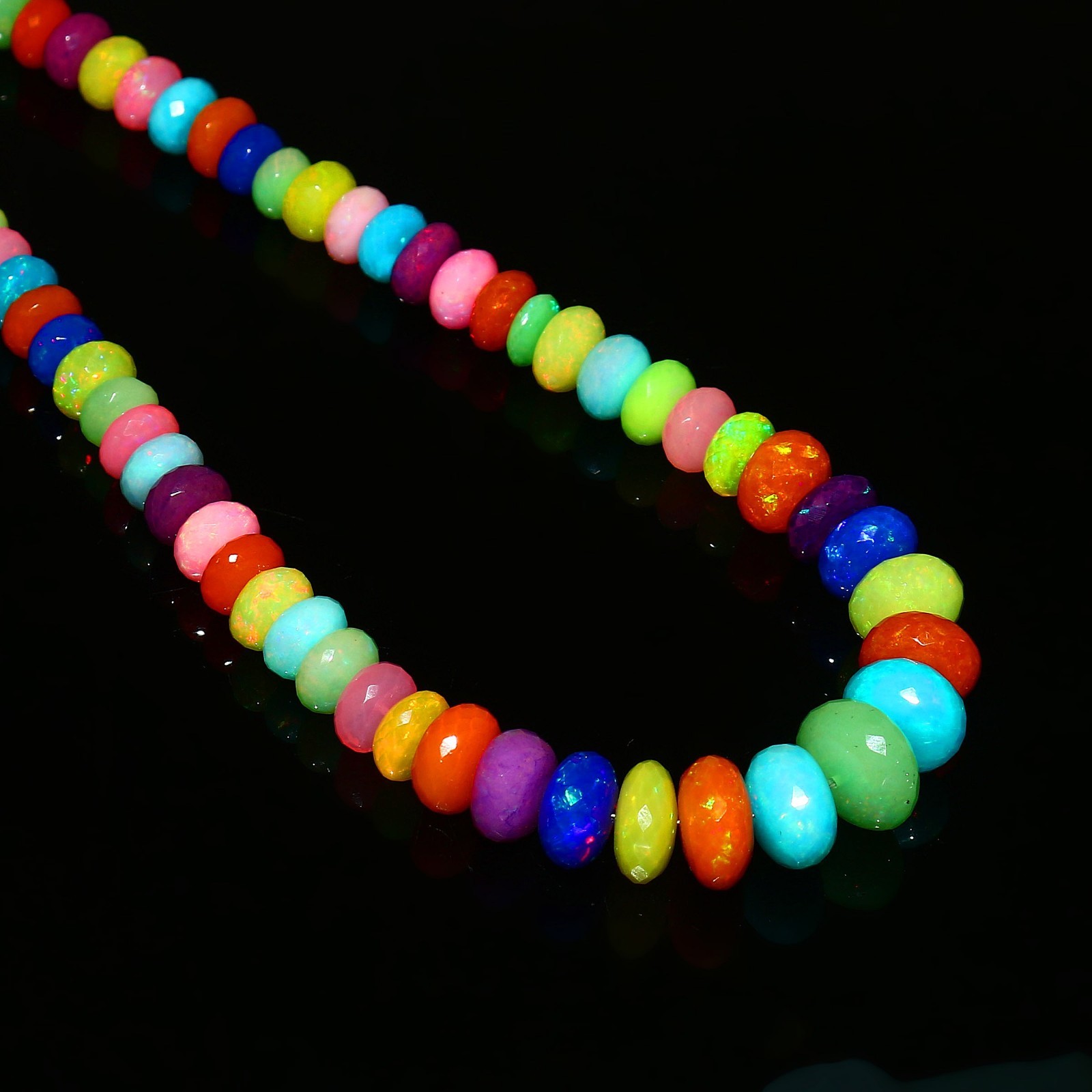 Ethiopian Welo Opal Faceted Round Bead Necklace Multi-Color Play of Fire 564