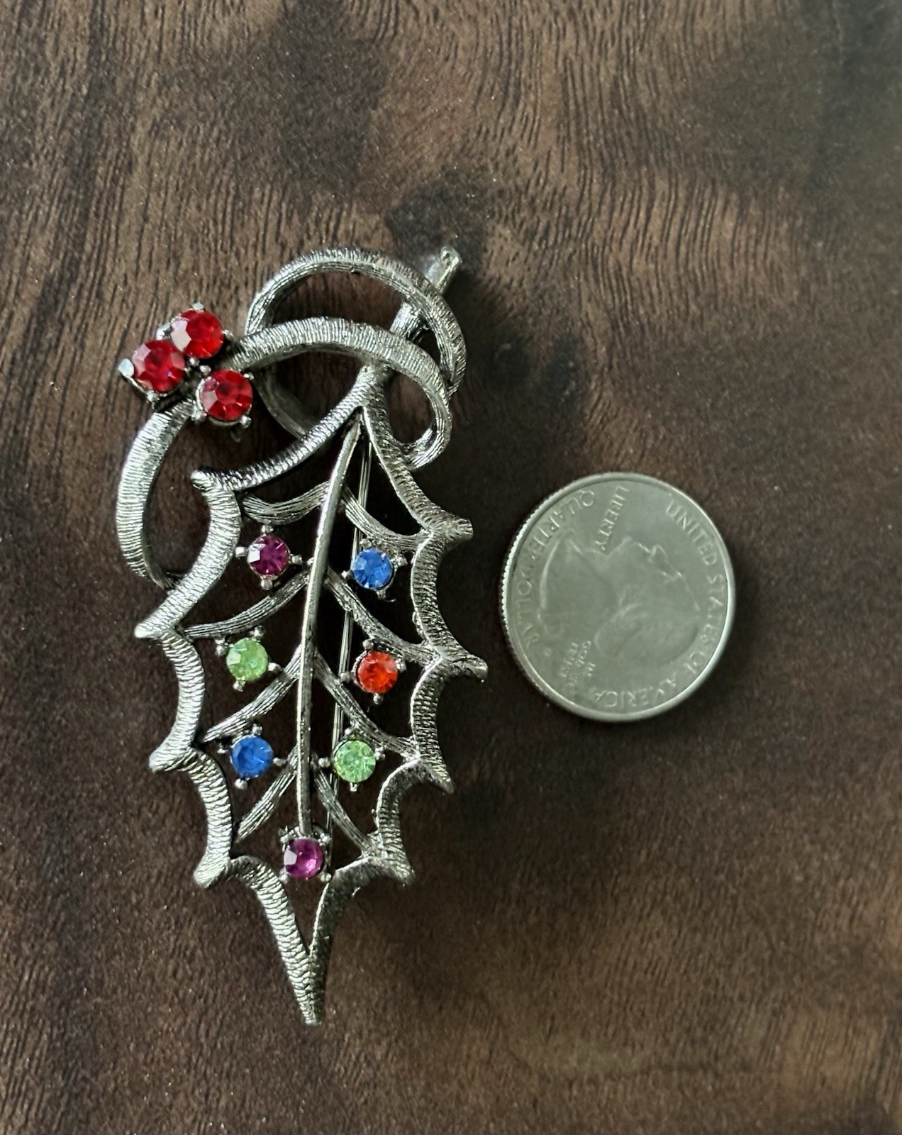 Vintage Beatrix Christmas Holly Leaf Brooch Multicolor Rhinestones Silver Tone