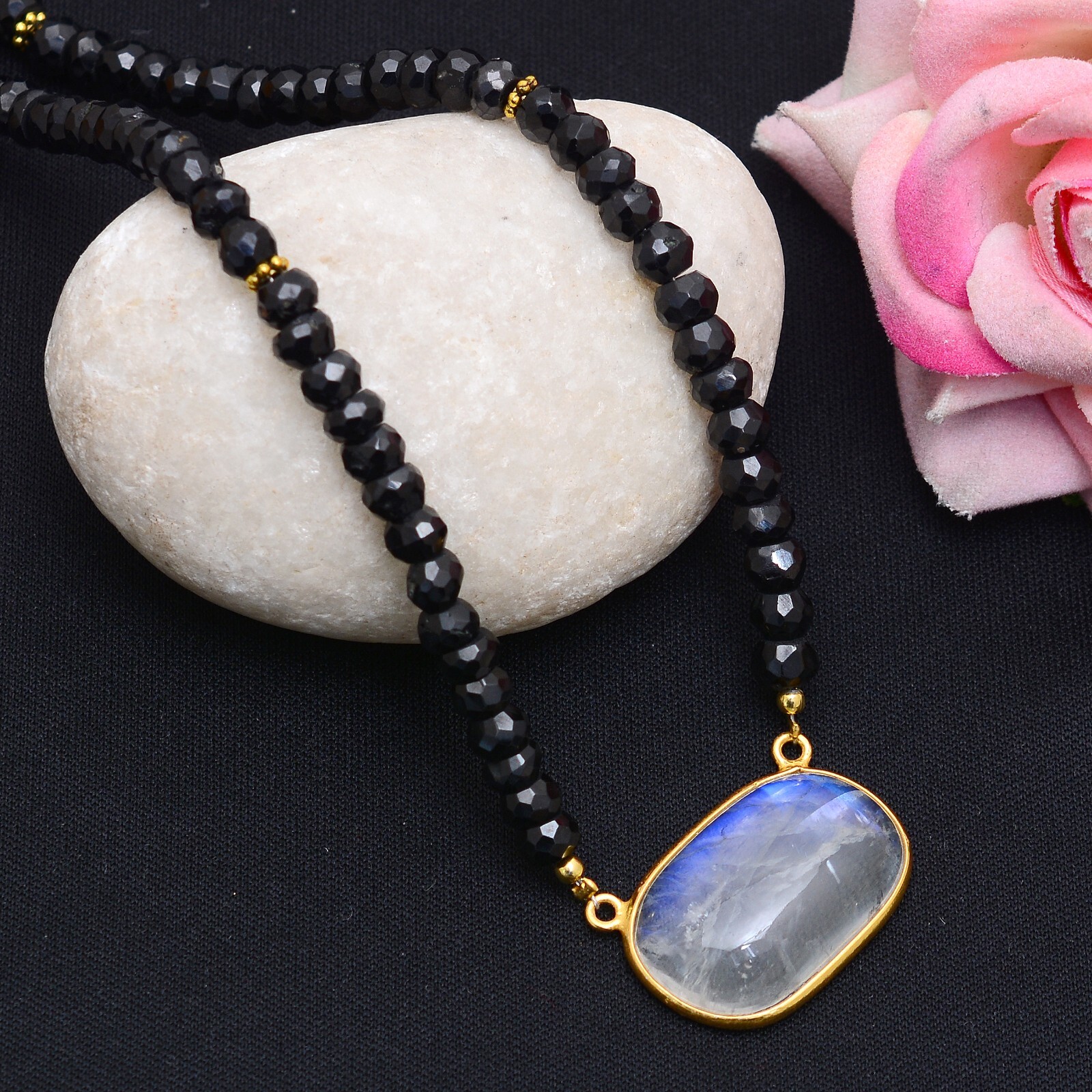 925 Sterling Silver Black Spinel Necklace,Moonstone Jewelry,Rainbow Moonstone