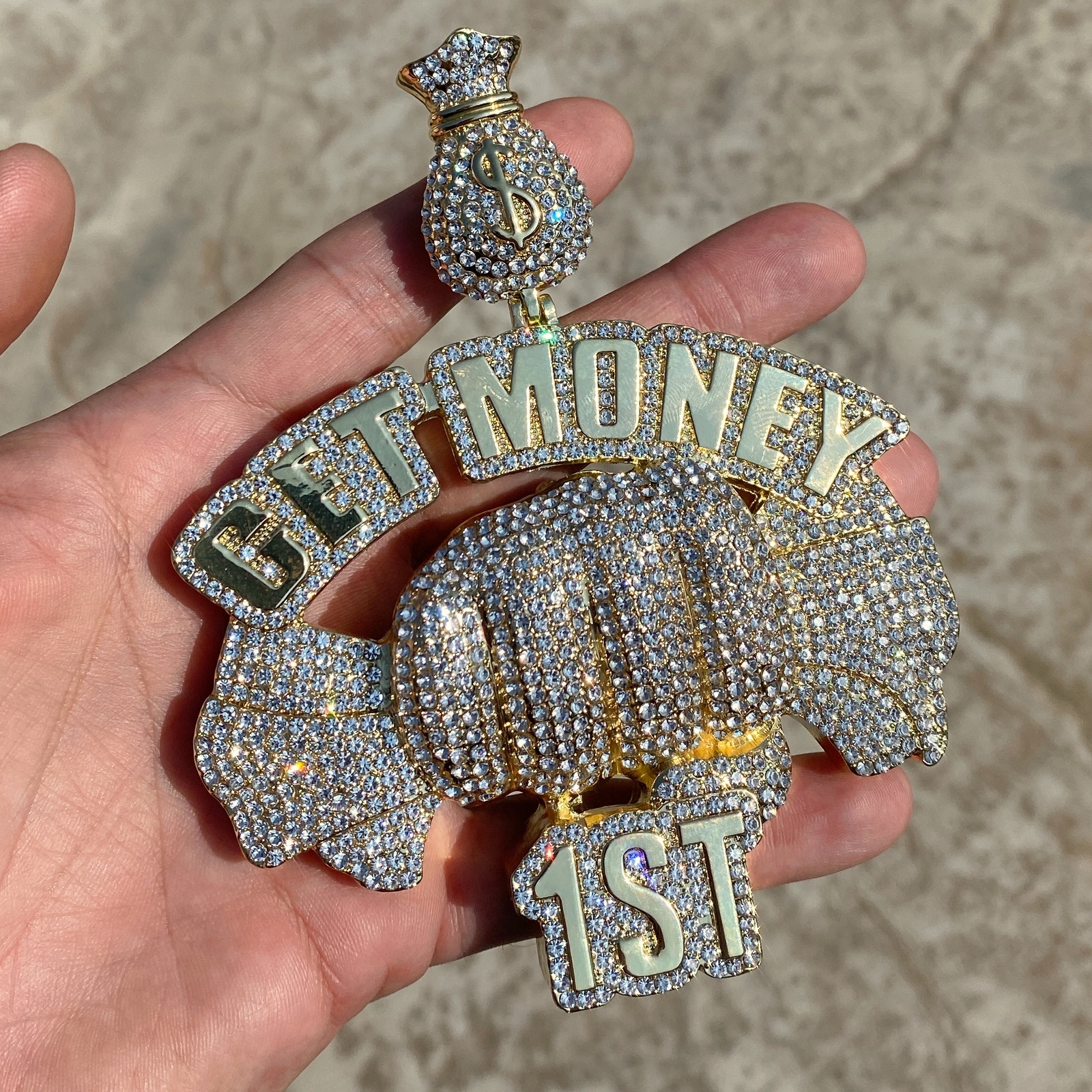 14K Gold Plated “Get Money 1st” Cash Fist Pendant Iced Bling Out Simulated CZ