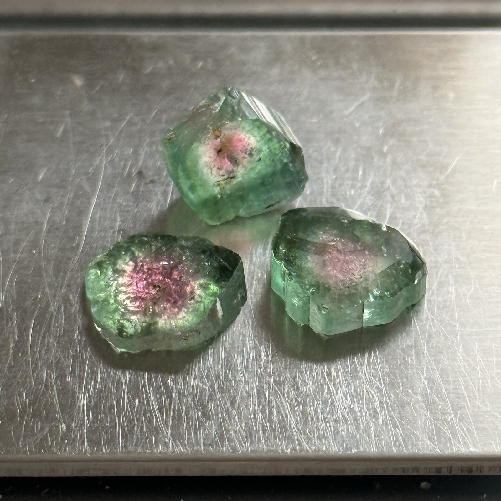 14ct 11-12×2.8-4.7mm 3pc Lot Pink Green Watermelon Tourmaline Slices Cabochons