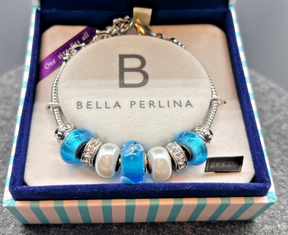 Bella Perlina Blue Glass Charm Bracelet Silver Tone White Pearls UNWORN NIB