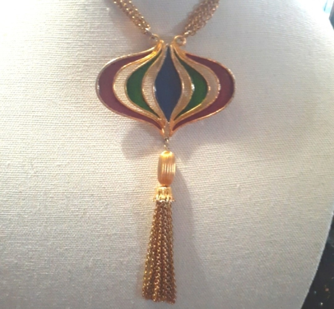 Vtg 1960s R Mandle Op Art Enamel Tassel 3 Chain Runway Choker Necklace