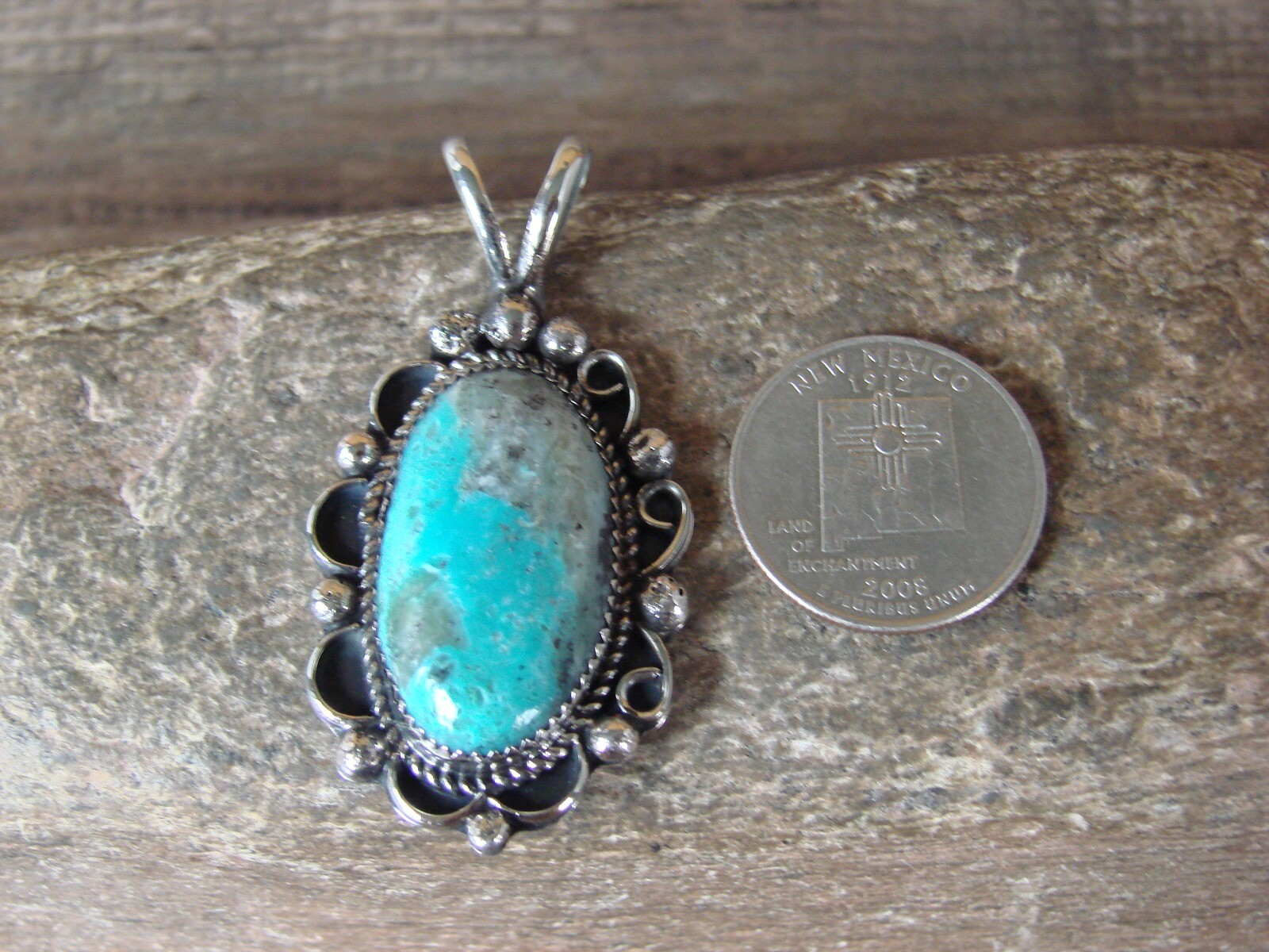 Navajo Indian Nickel Silver Turquoise Pendant Signed Jackie Cleveland