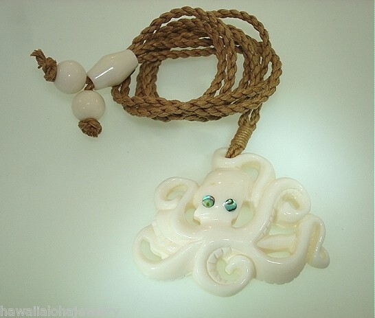42MM CARVED WATER BUFFALO BONE HAWAIIAN HE’E TAKO OCTOPUS PAUA ABALONE NECKLACE