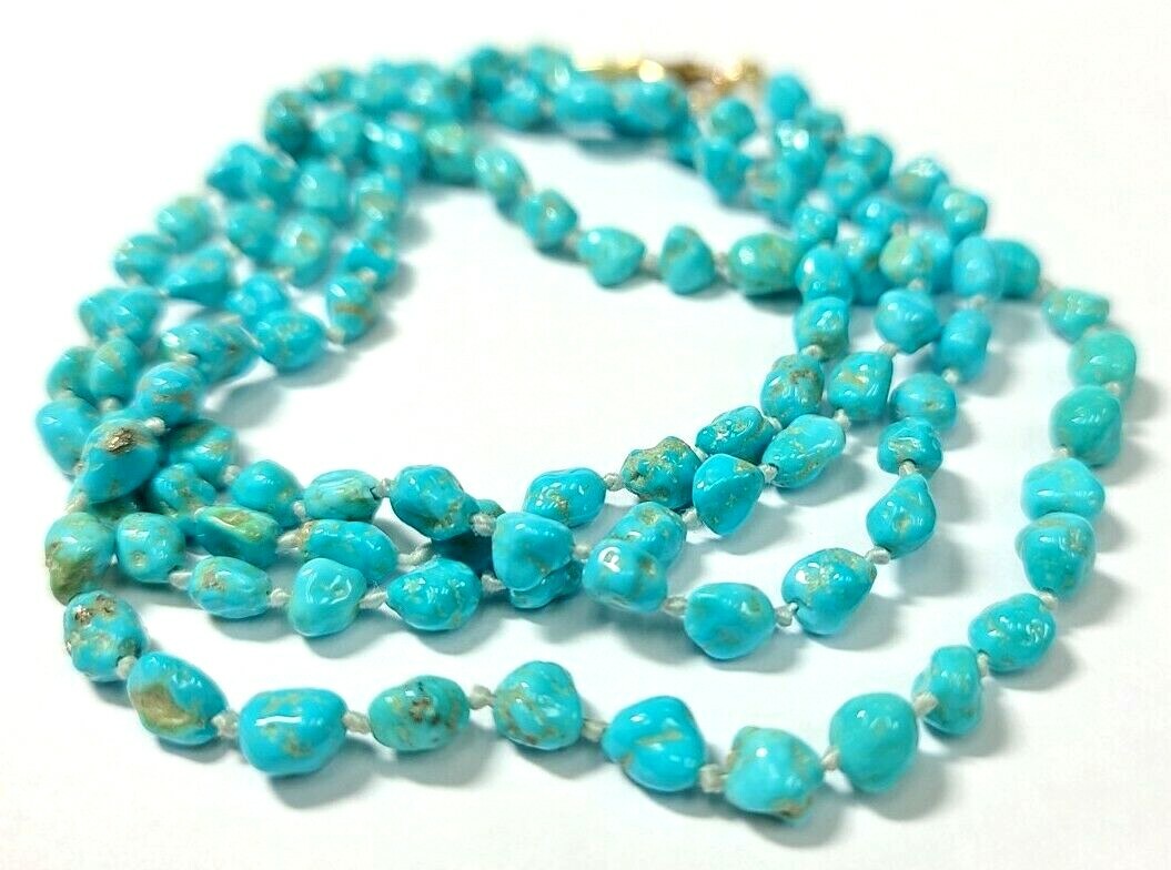Blue Turquoise Beaded Necklace with Gold Plated Silver Clasp 28 inches