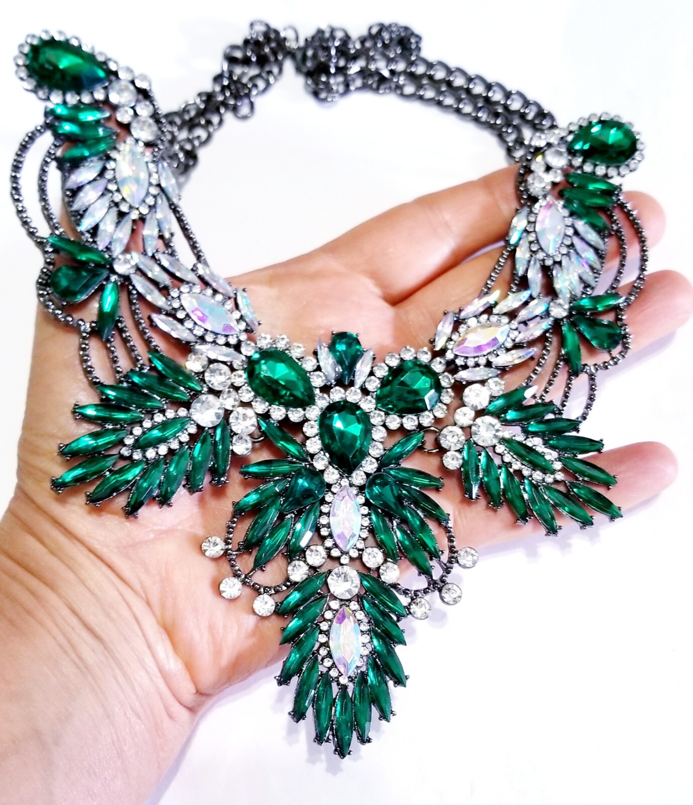 Green Statement Choker Rhinestone Necklace Bridal Prom Pageant Gothic