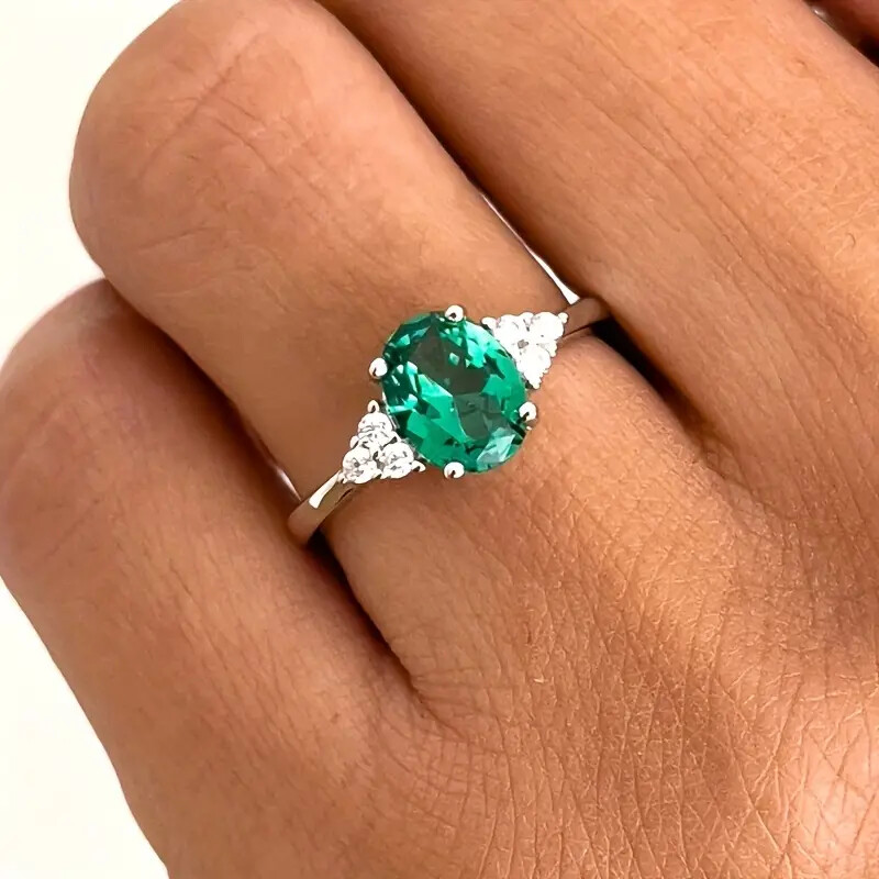 1pc Fashion Green Oval Artificial Gemstone Ring, Anniversary Birthday Gift