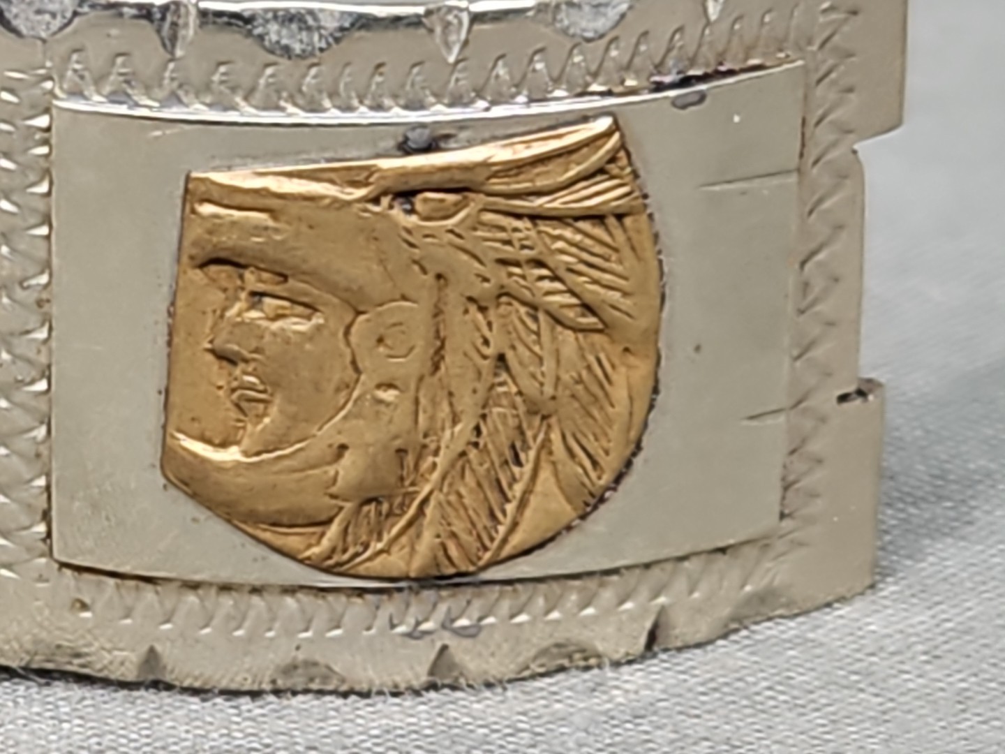 Vintage Alpaca Silver Mexico Two-Tone Mayan Sun Eagle Warrior 6¾” Panel Bracelet