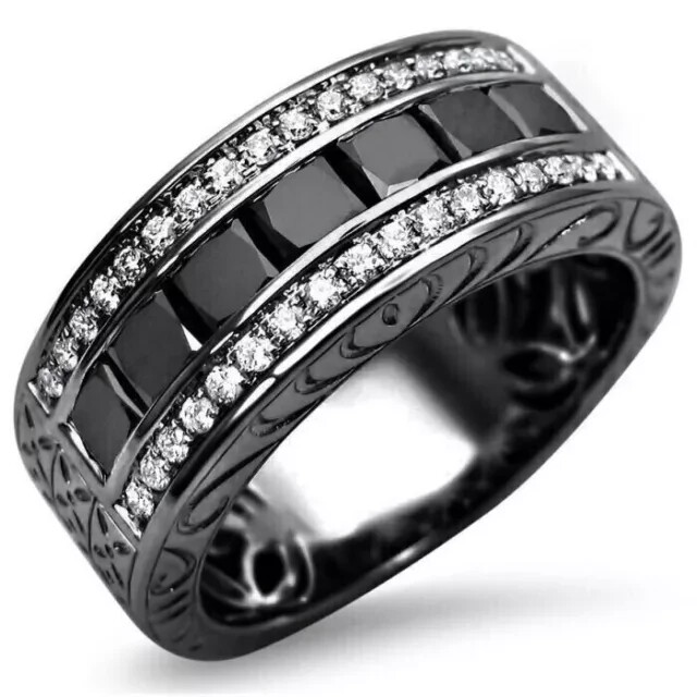 2Ct Princess Lab Created Black Diamond Men’s Wedding Band 14K Black Gold Plated