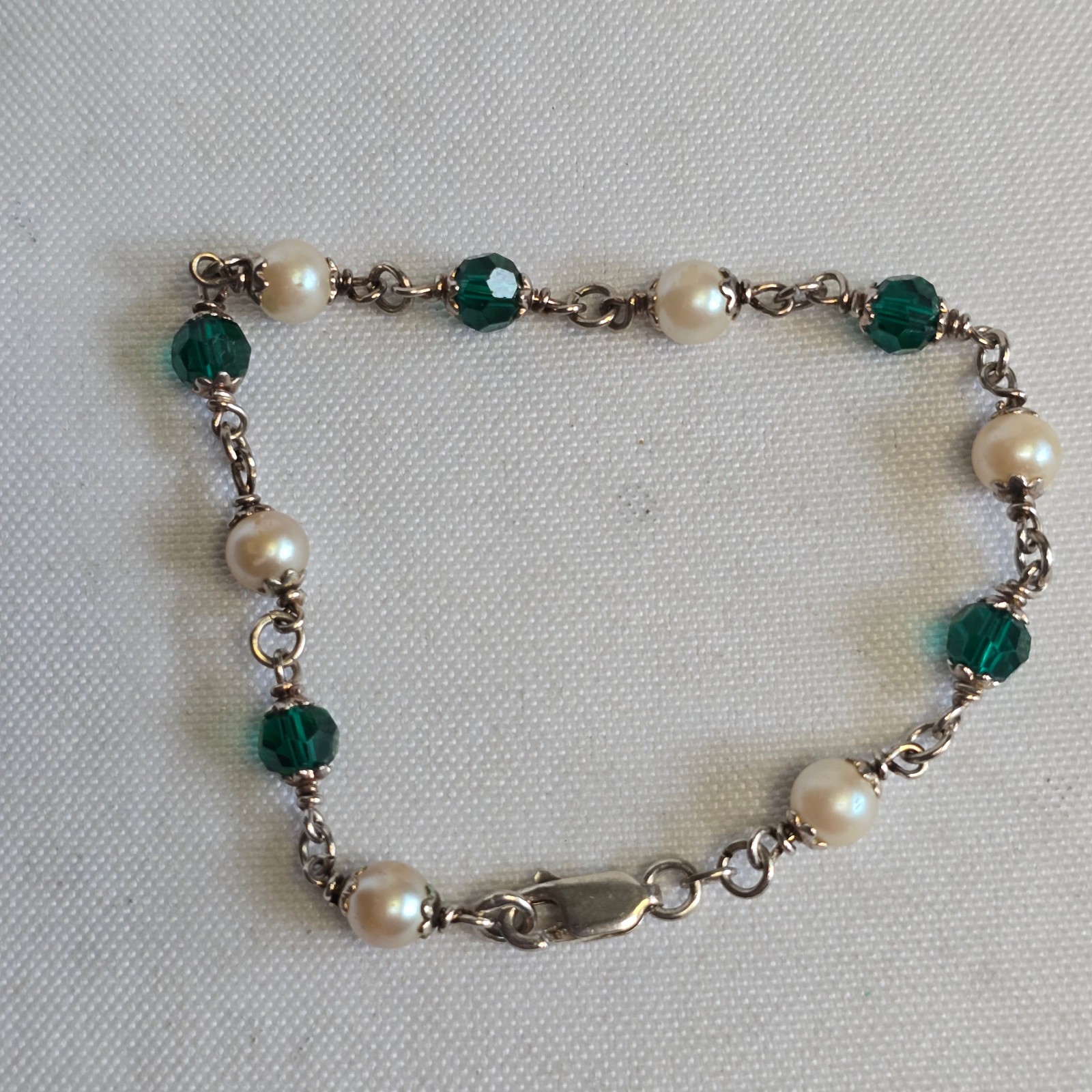 Sterling Silver Bracelet 7.36g Jewelry 7.5″ Faux Pearls & Green Stones *READ*