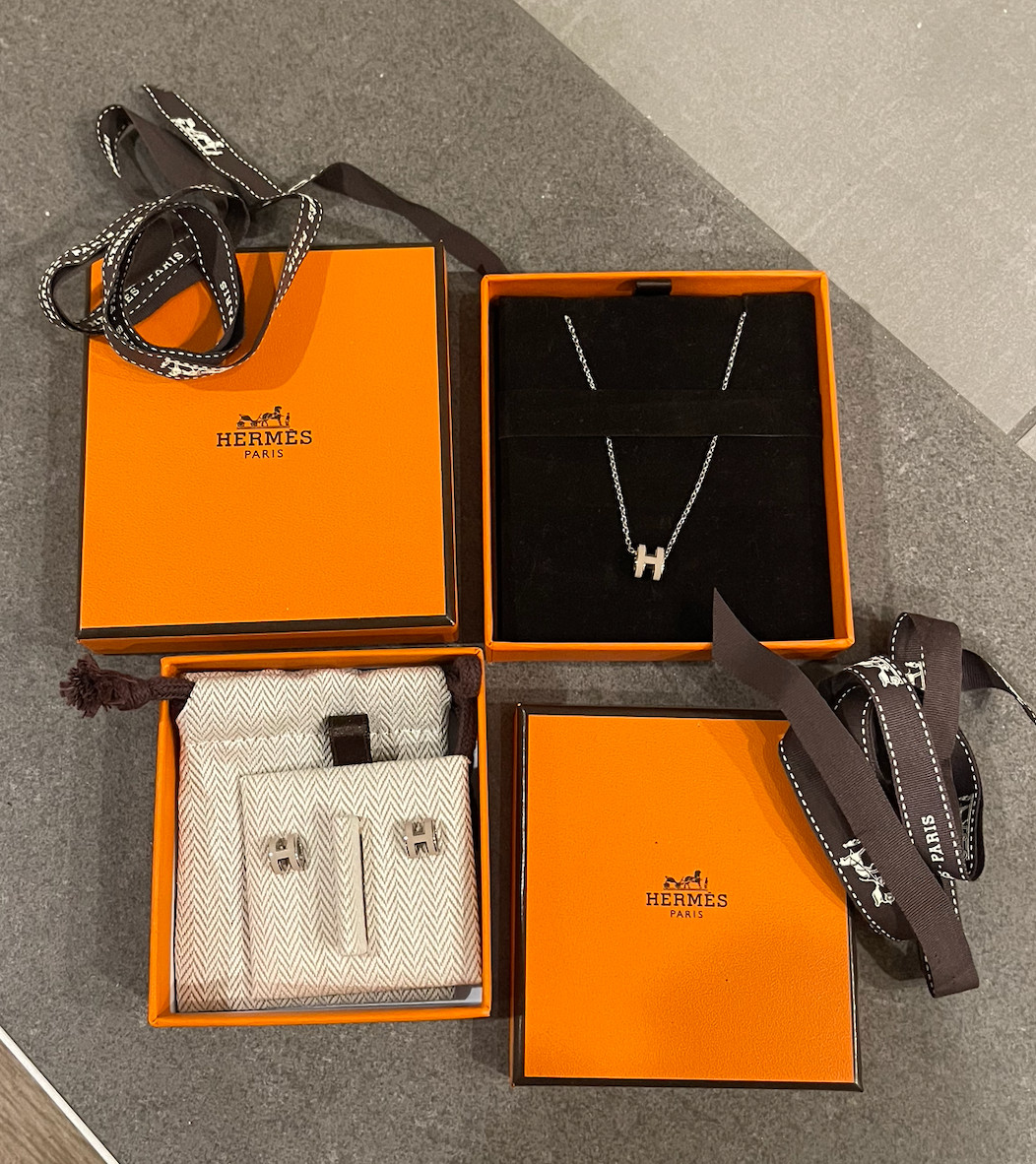 HERMES Mini Pop H Pendant Necklace & Earring Set Marron Glace PHW palladium