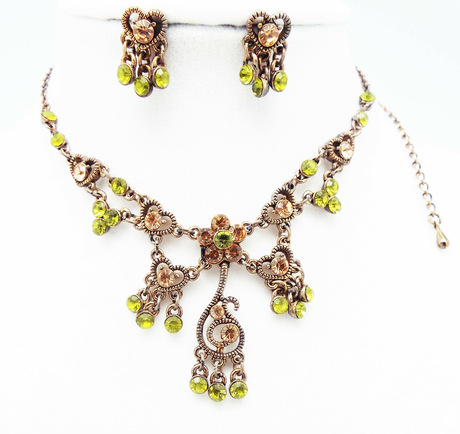 DESIGNER INSPIRED 18 in GREEN MULTI CRYSTAL BRONZE FLORAL DROP JEWELERY SET NEW