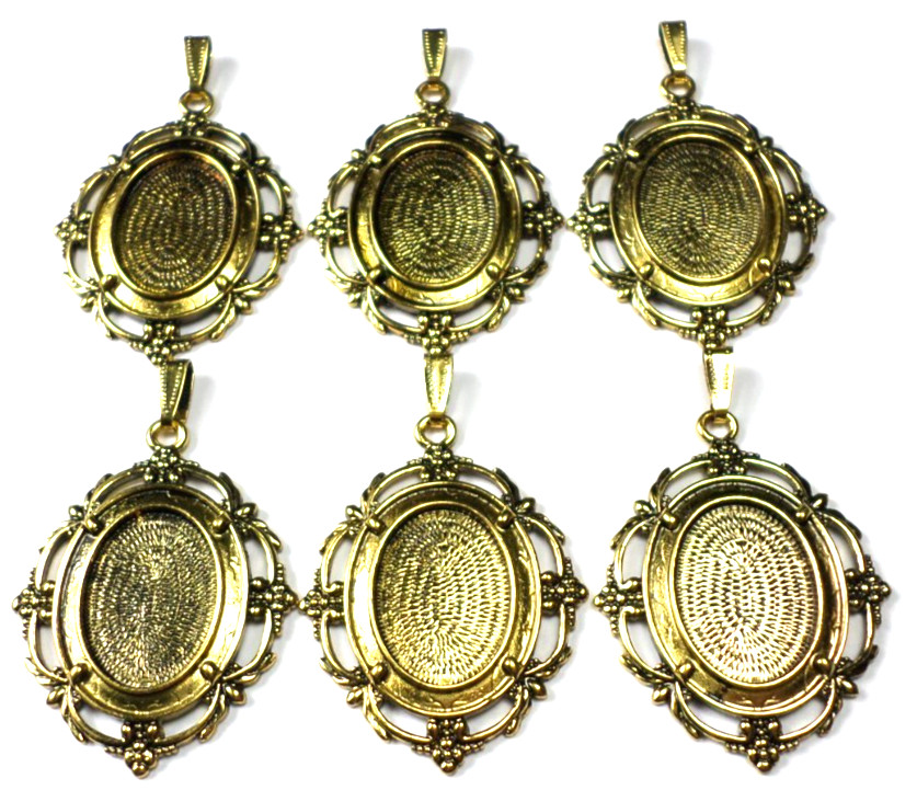 6 of 25x18mm Antique Gold Victorian Nouveau Cabochon Pendant Settings 54x40mm