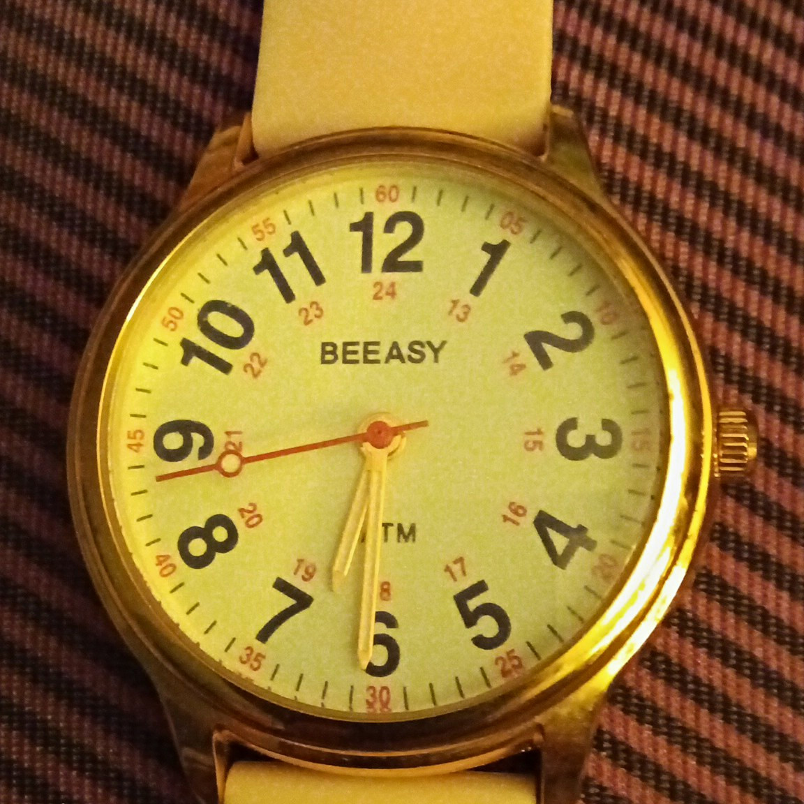 Beeasy AW12 Quartz Analog Watch 34mm Gold-Tone Steel White Dial Beige Strap