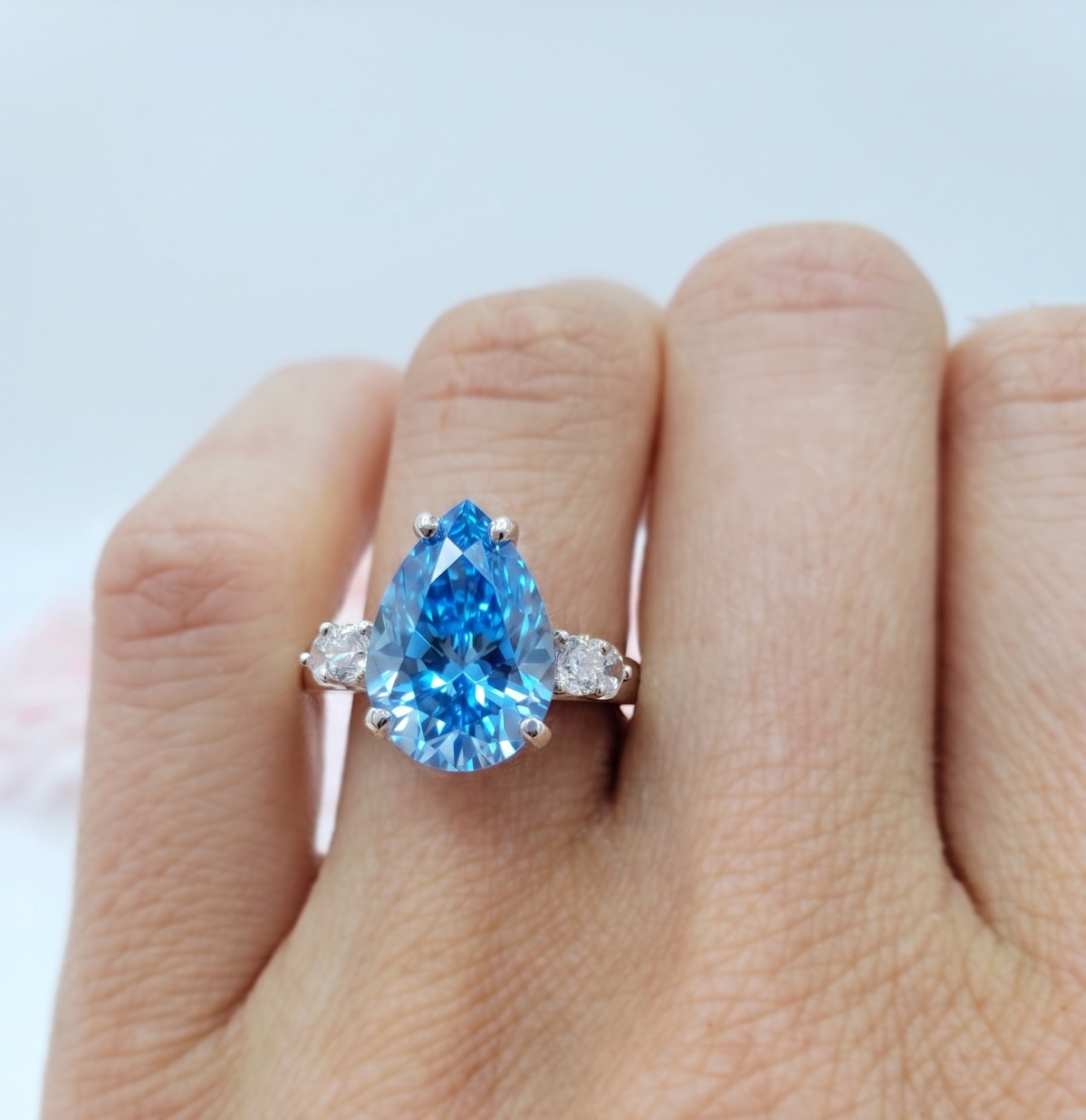 Stunning Pear Cut 8.85 Ct Certified Azure Blue Diamond RingFREE Diamond Studs