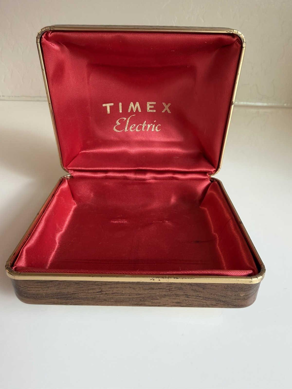Vintage TIMEX Electric Watch Presentation Box Wood Grain Red Liner Papers Tag