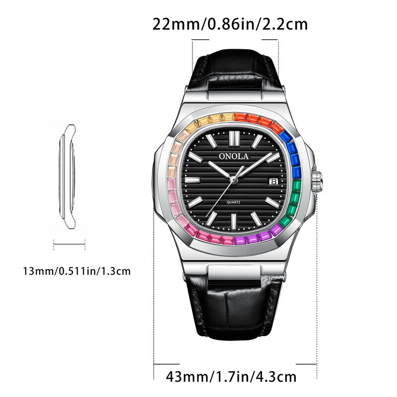 ONOLA Rainbow Leather Casual Business Calendar Waterproof Luminous Quartz Watch