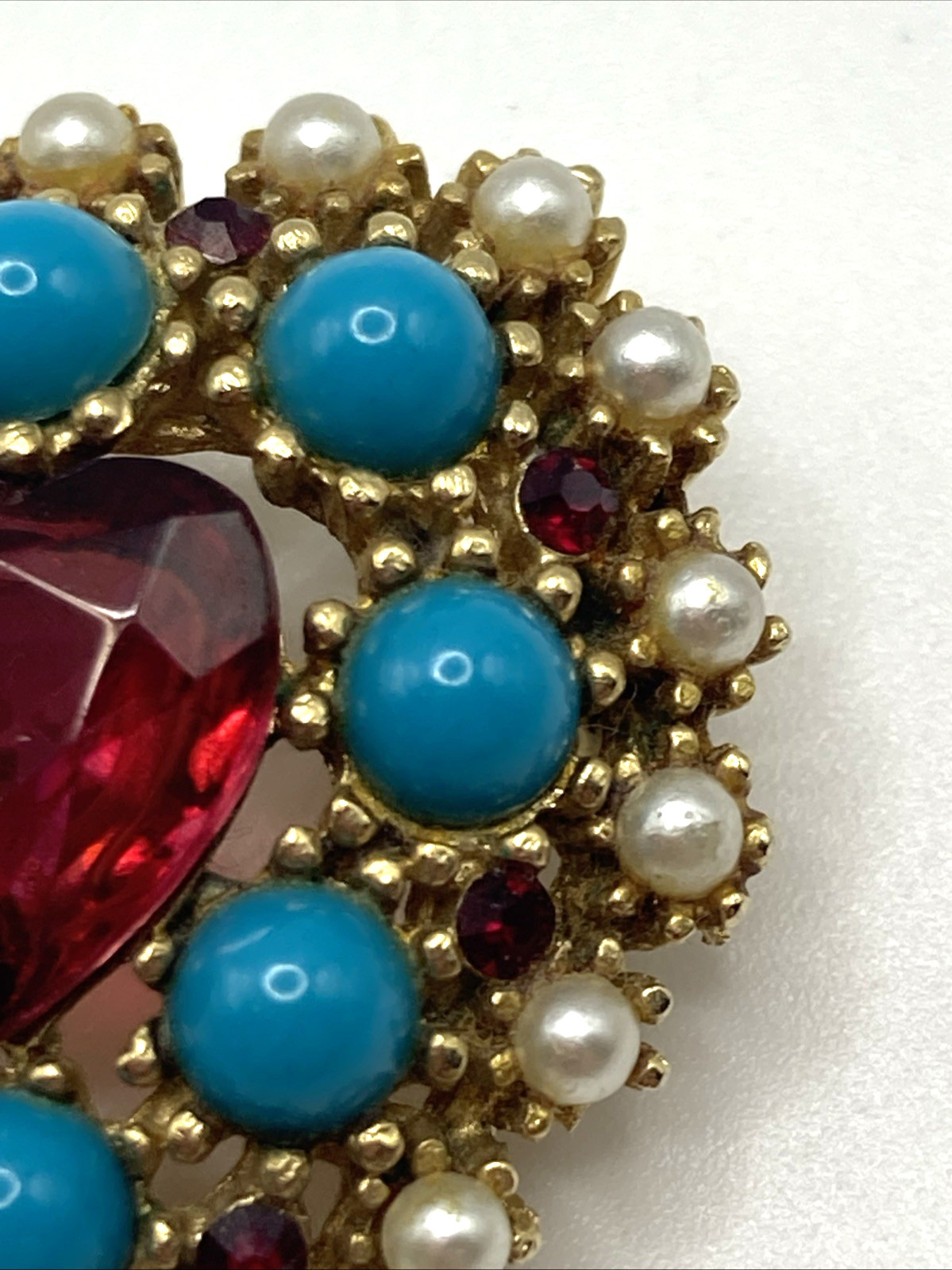 Smaller Vintage R Mandle Faux Ruby Pearl & Turquoise Heart Brooch Scarce!