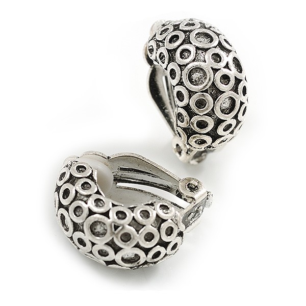 C Shape Pattern Clip On Earrings In Aged Silver Tone – 20mm L
