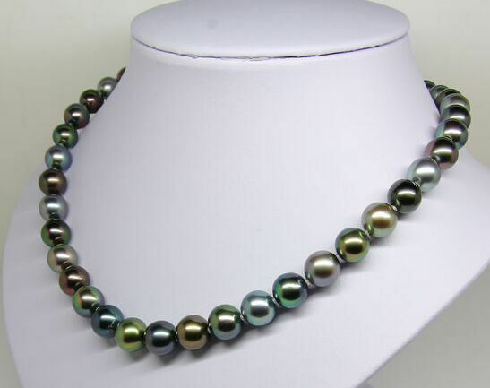 18″8-9mm south sea genuine black multiclor pearl necklace round 14k